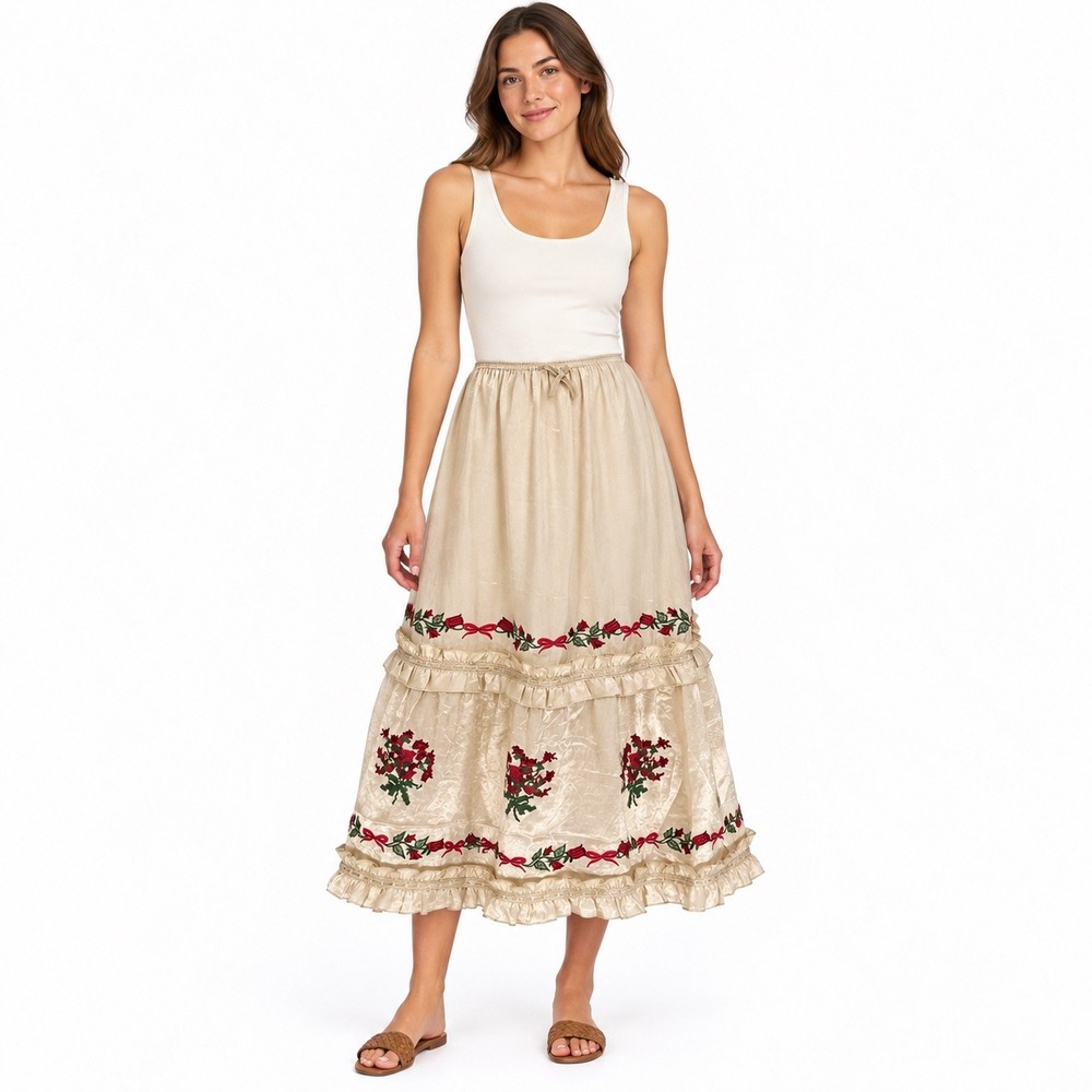 Natural Life Cream Tiered Long Midi Skirt M Floral Rose Embroidery Ruffle Boho